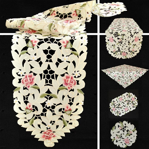 Rose Flower Open embroidery Table runner Tablecloth Doily Cream
