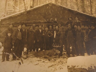 ANTIQUE DEER HUNTER PHOTOGRAPH ALBINO MINK TRAPPER LUMBERJACK LOG CABIN MOUNTAIN