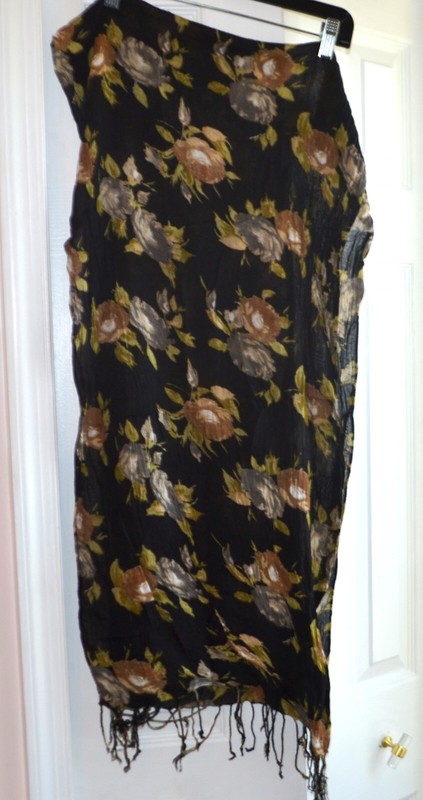 Vintage Big Buddha Black Rose Oblong Fringe Scarf
