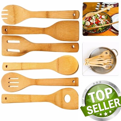 6 Piece Wooden Cooking Utensil Set Bamboo Kitchen Spatula Spoons Tools Wood Kit 