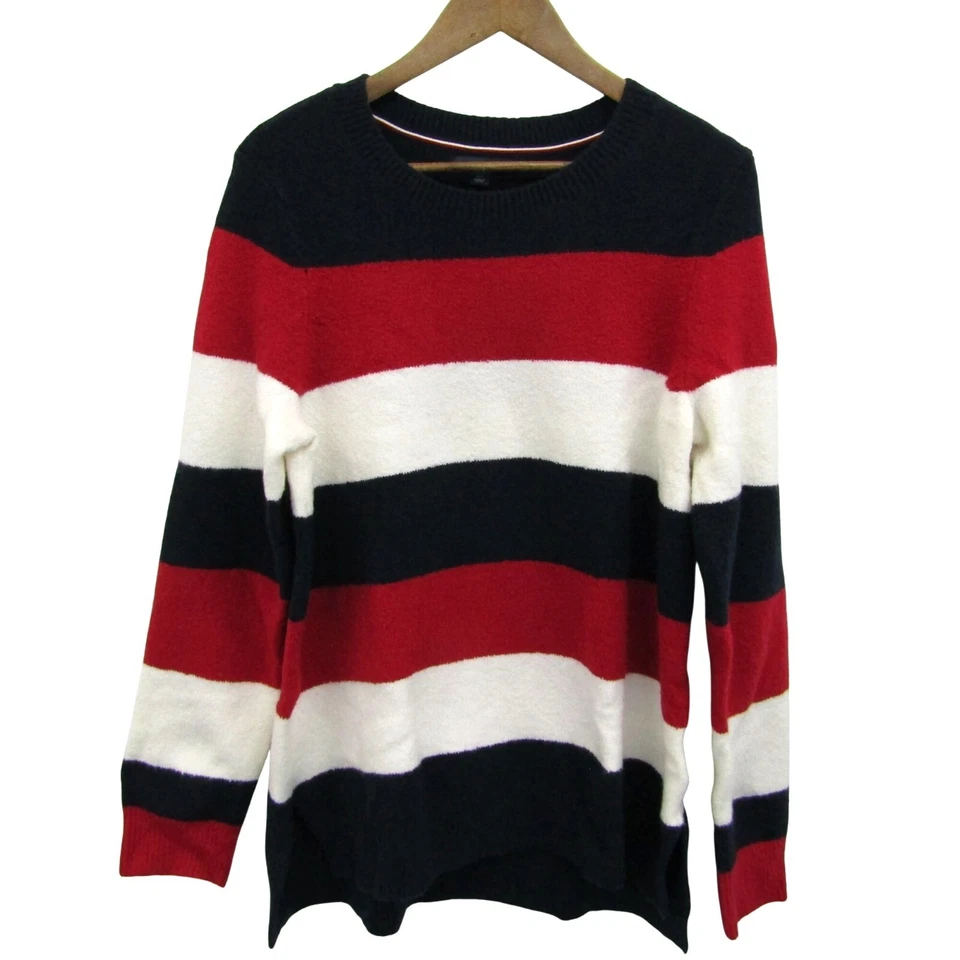 Tommy Hilfiger Mujer L Rayas Cuello Redondo Suéter Mezcla Lana Rojo Blanco Azul Marino Foto 2 de 4