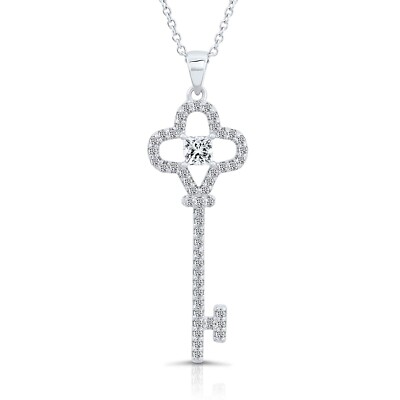 Solid 925 Sterling Silver Clover Shamrock Key CZ Pendant Charm Necklace 16'' 18''