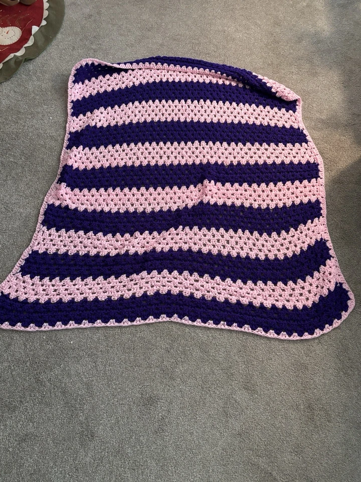 Vtg Multi Color Purple Retro Granny Hand Crochet Knit Afghan Throw Approx 48x32 - Image 2 of 3