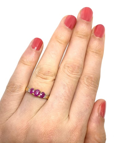 Gold Ruby Ring 9ct Yellow Gold Three Stone Ruby Diamond Ring Ruby Trilogy Ring - Picture 3 of 16