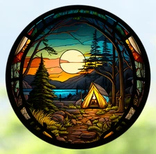 Camping Tent Faux Stained-Glass WINDOW CLING Size 8" Round Repositionable Vinyl