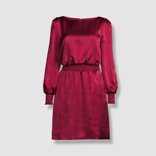  195 Aidan Mattox Women's Red Long-Sleeve Smocked-Waist Satin Shift Dress Size 6