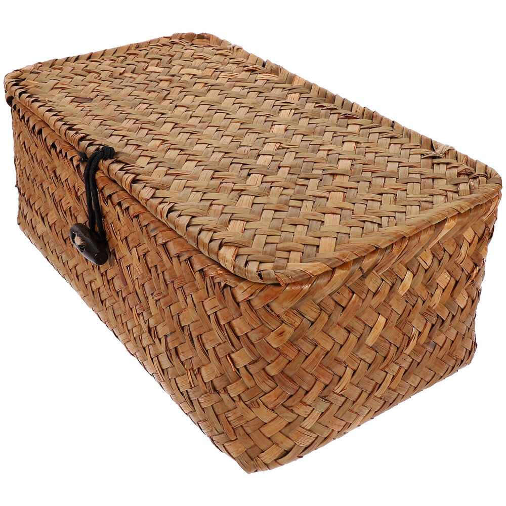 Wicker Storage Basket with Lid Trash Can Box Seaweed Woven Baby