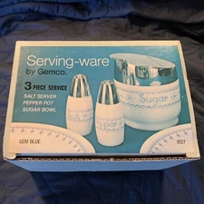 Set Of 3 Gemco Gem Blue Milk Glass Salt Pepper Sugar Set