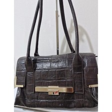 Chocolate Brown Croc Effect Leather Shoulder Bag – Gold Bar Detail