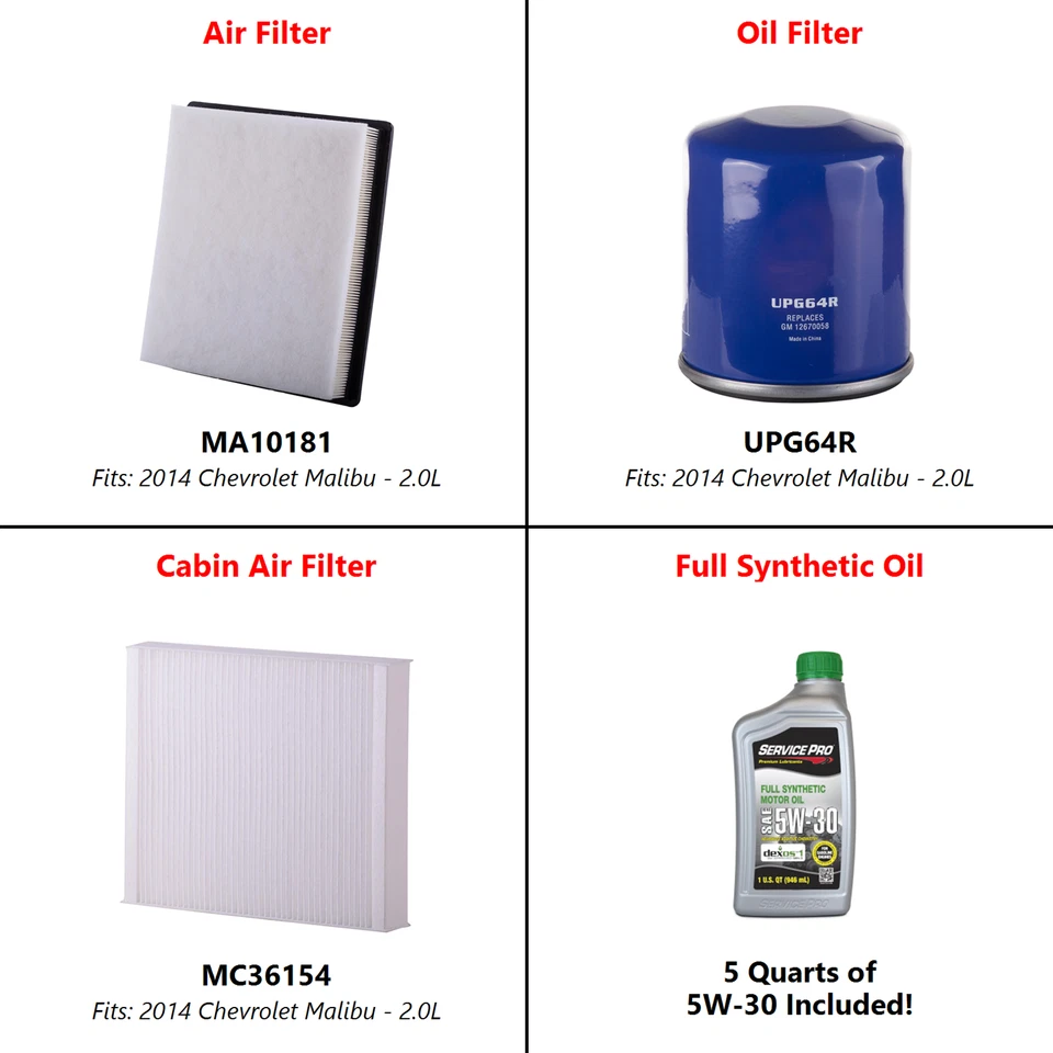 2014 Chevrolet Malibu 2.0L Complete Oil, Air & Cabin Filter Kit (5W-30) - Изображение 2 из 4