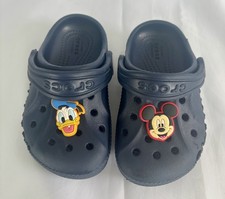 CROCS Toddler SzC6 Navy Blue Classic Clogs Shoes w/ Mickey Donald Jibbitz EUC