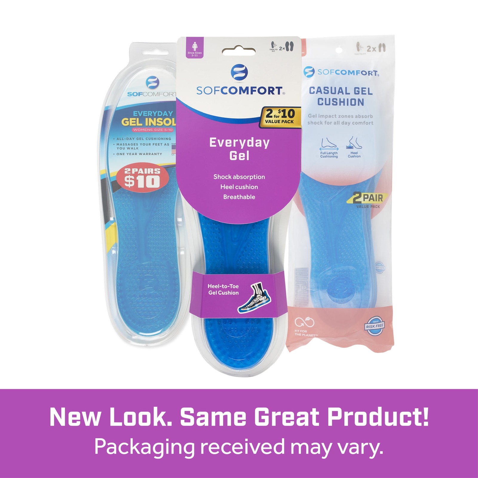 Sof Comfort Everyday Gel Women's Insole 2-Pack, Size 5-11, Trim-to-Fit