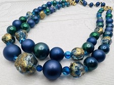 Vintage Double Strand Statement Necklace Blue Green Faux Pearl Art Beads Japan