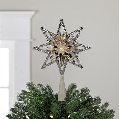 Northlight 8'' Retro Silver Tinsel 8-Point Star Christmas Tree Topper Clear Light