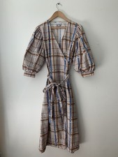 GANNI 100% Cotton Midi/Maxi Wrap Dress Geometric Plaid Puff Sleeves Vneck Boho