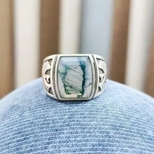 Green Moss Agate Ring, 925 Silver Signet Mens Ring, Sparrow Wings Statement Ring