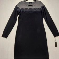 AB Studio Women's Gray Black Lace Fringe Winter Sweater Dress Soft Size Large