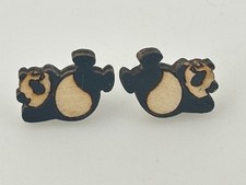 Wood Laser Cut Panda Stud Earrings Silver Tone Posts Cute Animal