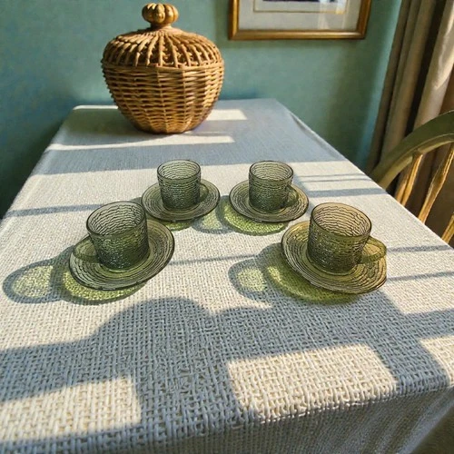 Anchor Hocking Avocado Green Soreno Snack Set 8 Piece 4 Plates & 4 Cups Vintage