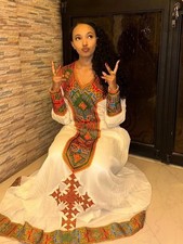 Ethiopian Traditional Dress   Handwoven Cotton Kemis with Colorful Embroidery