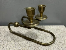 Vintage Brass Double Taper Candlestick Holder Unique MCM Patina VGC