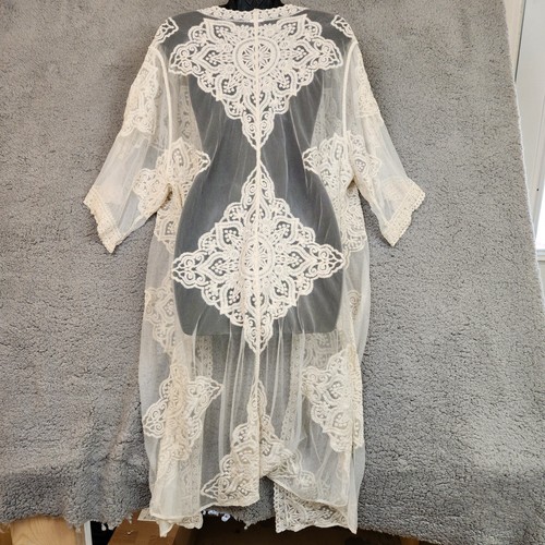 Boho Open Front Duster Cardigan Size L Embroidered Lace Mesh Cover Up - Picture 5 of 28