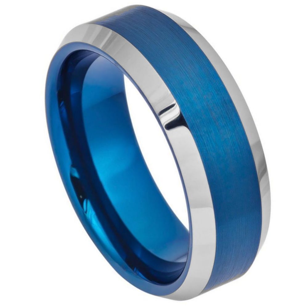 Tungsten Ring Band Blue IP Brushed Center High Polished For Men & Women
