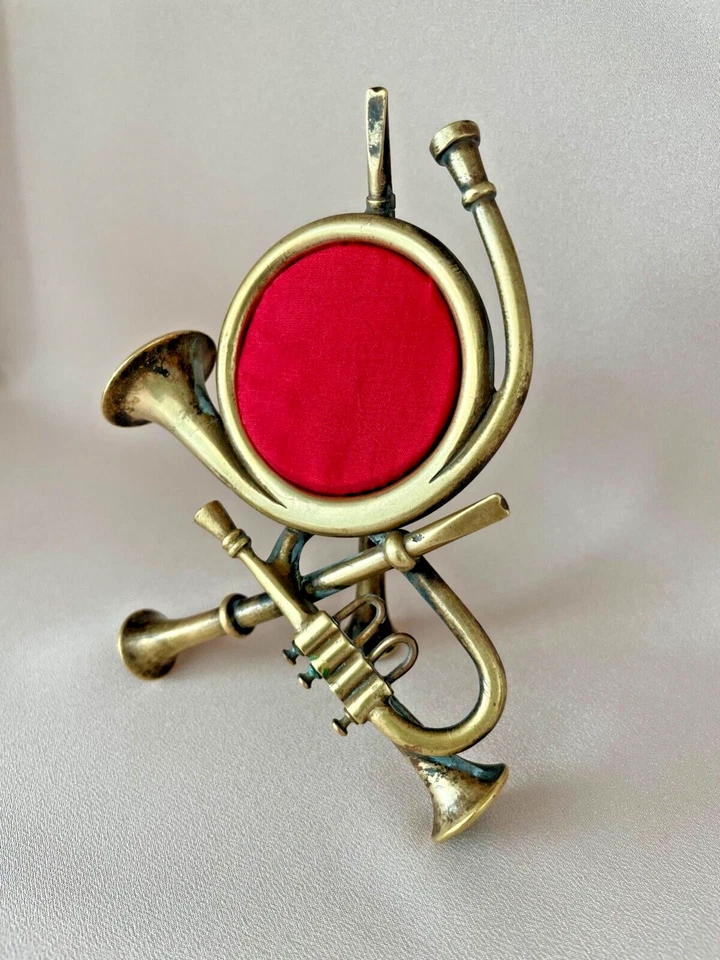 Unique Antique Brass Musical Instrument Pocket Watch Holder 4 Horn Trumpet Flute - Image 3 of 4