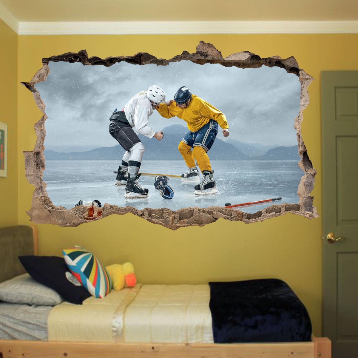Autocollant Mural 3D Hockey Sur Glace - Déco Graphique AI Art, Vinyl Amovible Walltura