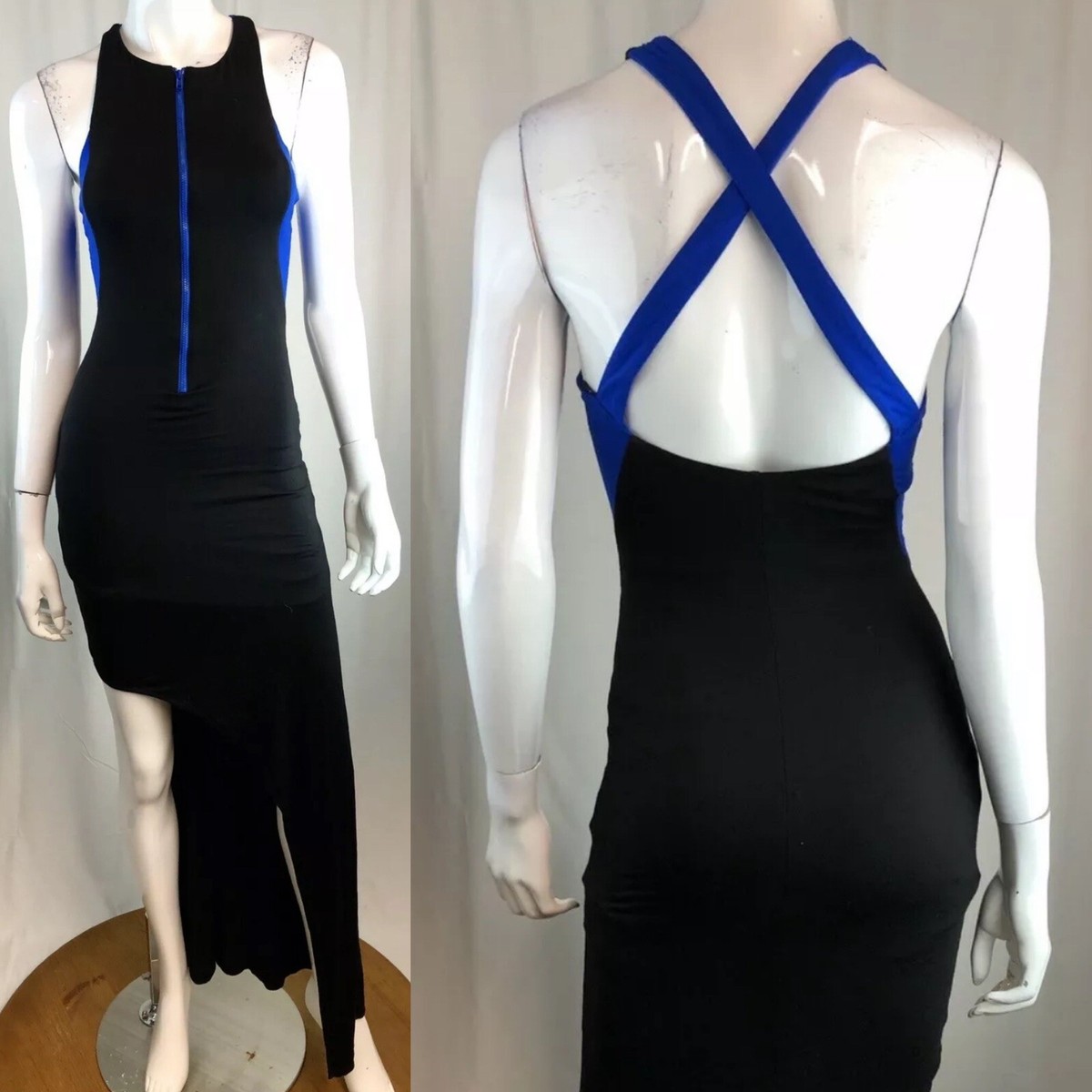 $126 Bebe XS Black Blue Sleeveless Zipper Front Asymmetrical Hem