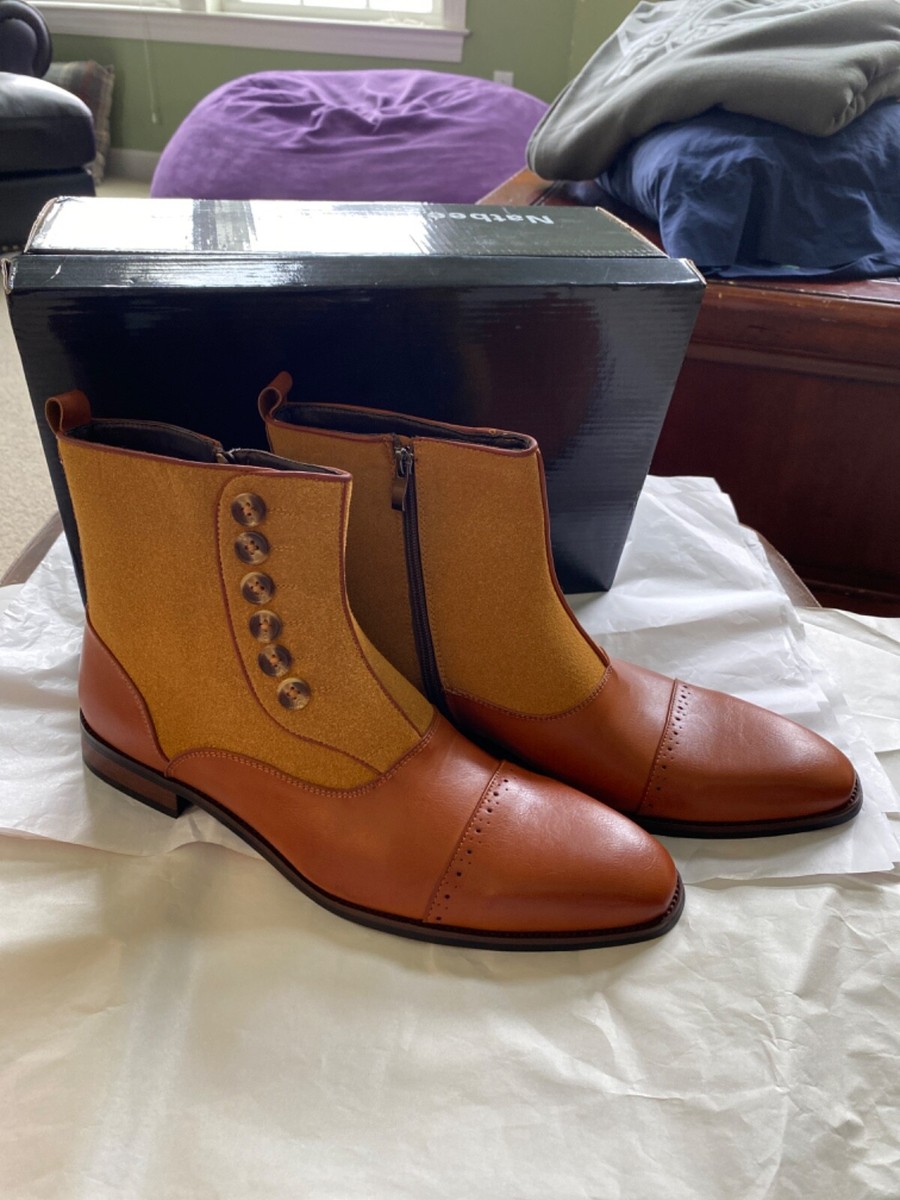 Mens 10.5/11 Two Tone Leather Button Boots 1920s Style zip  display picture 3