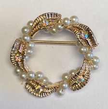 Vintage Faux Pearls  Rhinestone Wreath Brooch Pin