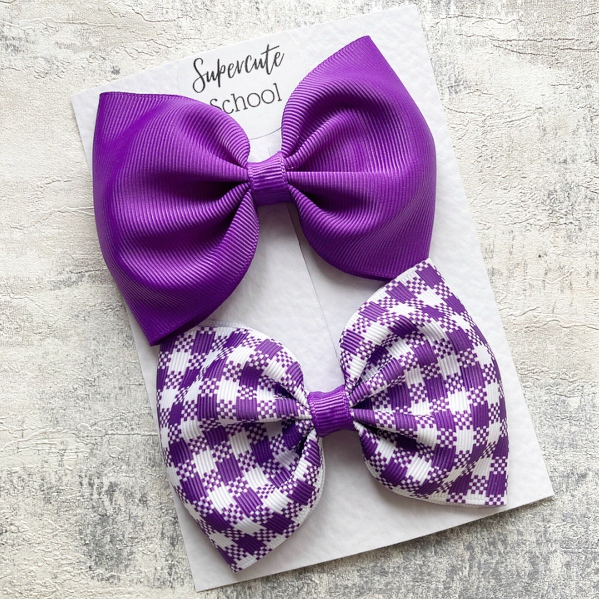 PURPLE School Bow Large Hair Clips Gingham Girls Uniform X2 Handmade Bows