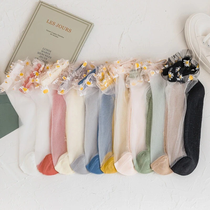 Daisy Ruffle Ankle Socks Hippie See-Through Mesh Floral Garterized Stockings