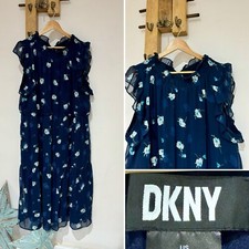 DKNY Chiffon Floral Print Navy Mix Frilled High Neck Dress Plus SIze UK 20 US 18
