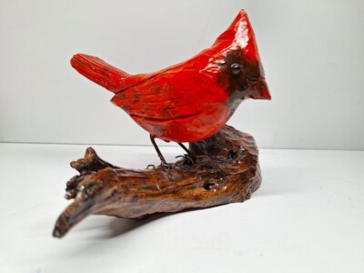 Vintage Hand Carved Cardinal On Wood Base Realistic Cardinal 