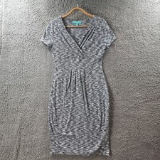 FEVER Womens Dress Size 10 Blue Ivory Stretch Knit Short Sleeve Pencil V-Neck