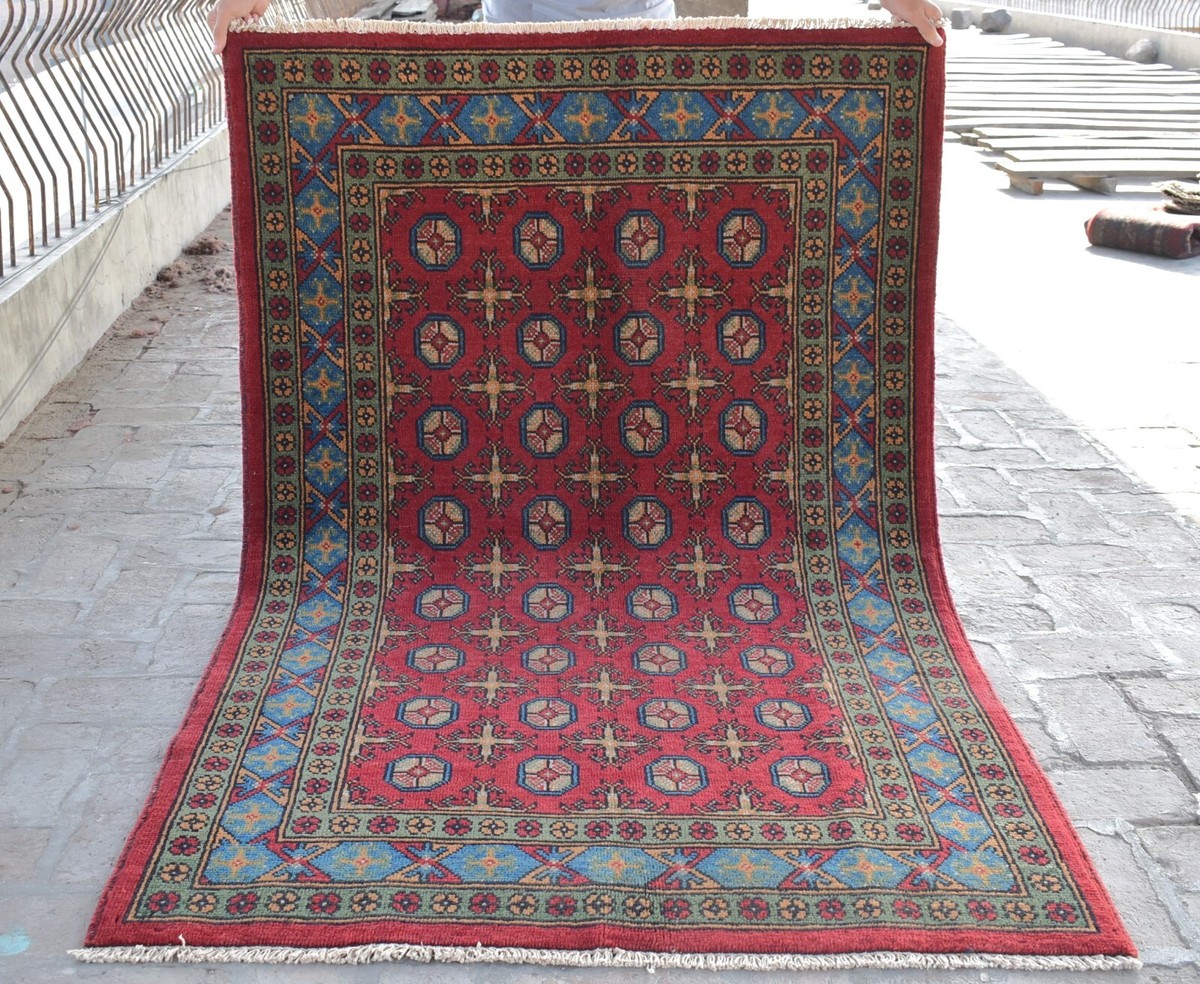 Hand Knotted Afghan Bokhara Area Rug 4x6 Red Tribal Geometric