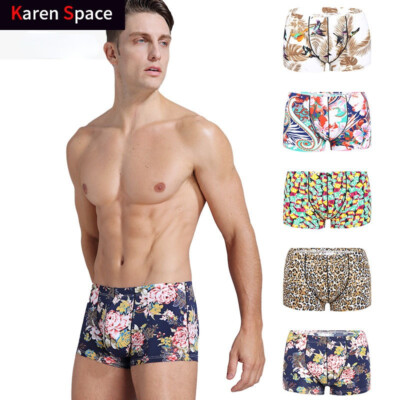 Mens Ice Silk Boxer Briefs Sexy Shorts Printed Slim Fit U Convex Pouch Underwear