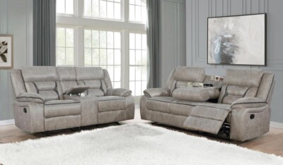 TAUPE FAUX LEATHER RECLINING DROP DOWN TABLE SOFA LOVESEAT LIVINGROOM FURNITURE
