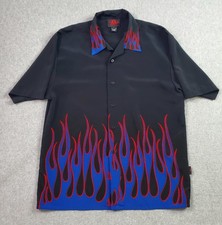D Dragon Clothing Shirt Mens Large Black Blue Flame Bowling Button Up Rockabilly