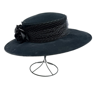 VTG Eric Javits Bolero Hat Black Velvet Wool Wide Brim Netting Roses Old Money