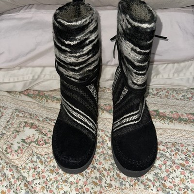 TOMS Womens Nepal Boot Size 5.5 Black Suede Gray Tweed Pull On Faux Fur Bootie