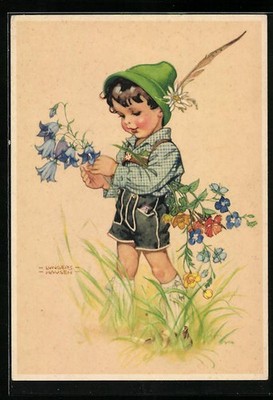 Artist postcard Ilse Wende-Lungershausen: boy picking wildflowers in a meadow 