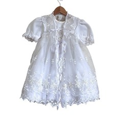 Vintage Girls Lace Flower Girl Dress Set Size 4 White Christening Gown Wedding