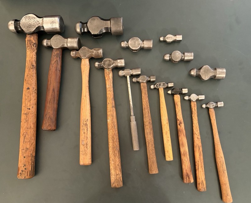 LARGE LOT 15 BALL PEEN HAMMERS, ONE BLUE POINT, MANY SIZES, BLACKSMITH, REPOUSSE