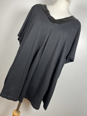 Jones New York 2X Shirt Top Black Satin V Neck Short Sleeve Flowy Pleat Woman C1