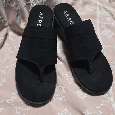 Aerosoles Women's Black Elastic Slip On Thong Wedge Sandals Size 9 M
