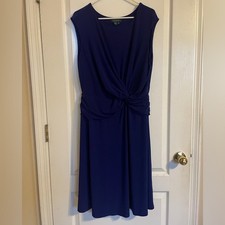 Lauren Ralph Lauren Elegant Deep Blue Midi Dress Gathered Waist Stretchy 14W