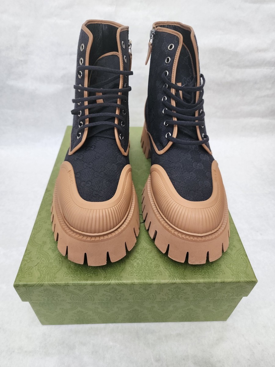 Gucci Black Canvas and Tan Lug-Sole Men’s Combat Boots Never too old for this type of music box. #GUCCI GG Canvas  main image 4
